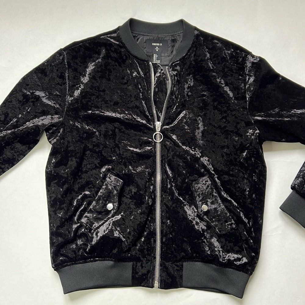 Forever 21 Black Crushed Velvet Bomber Jacket